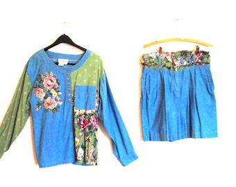 Summer fashion vintage 90s, combine cotton blend fabric costume: slouchy blouse and shorts. Made by Together. Size M.