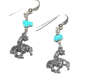 Southwestern  vintage 1970s, sterling silver 925, dangle , 3 d earrings " End of the trail" with warrion  riding a horse.