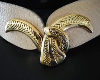 Wide Croc Embossed Leather Belt Size 46 Cream Gold Crystal Buckle Milou Belt in Ivory Croc Embossed | L main image 4