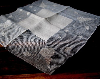 1900 vintage , unique  wedding  white cotton  handkerchief  with a pastel blue  net lace trim, applique  and embroidery.