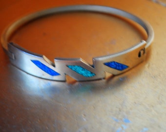 1960  vintage , Maxican alpaca  silver , clamper , bangle , mod style bracelet with  lapiz lasule  and turquoise  stones. Size  61/2