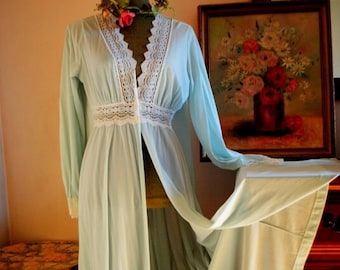 Luxurious vintage 1970, pastel mint nylon, maxi peignoir -robe with a long sleeve and white lace.  Made by Olga.  Bust 36.