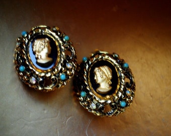 Victorian  style vintage 1950,   gold tone  metal, black cameo  dome clip on earrings, lady's profile, faux turquoise,  rhinestones.