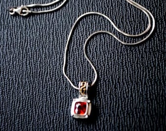 2000  sterling silver 925  snake shape chain  necklace with  red  crystal square shape pendant, silver plated  frame  , letter S above.