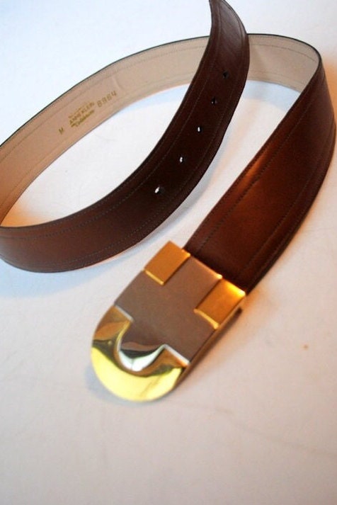 Vintage CALDERON Brown Wide Leather  Belt w/Gold Abstract Mod Art Buckle Sz M Calderon wide leather belt - Gem main image 4