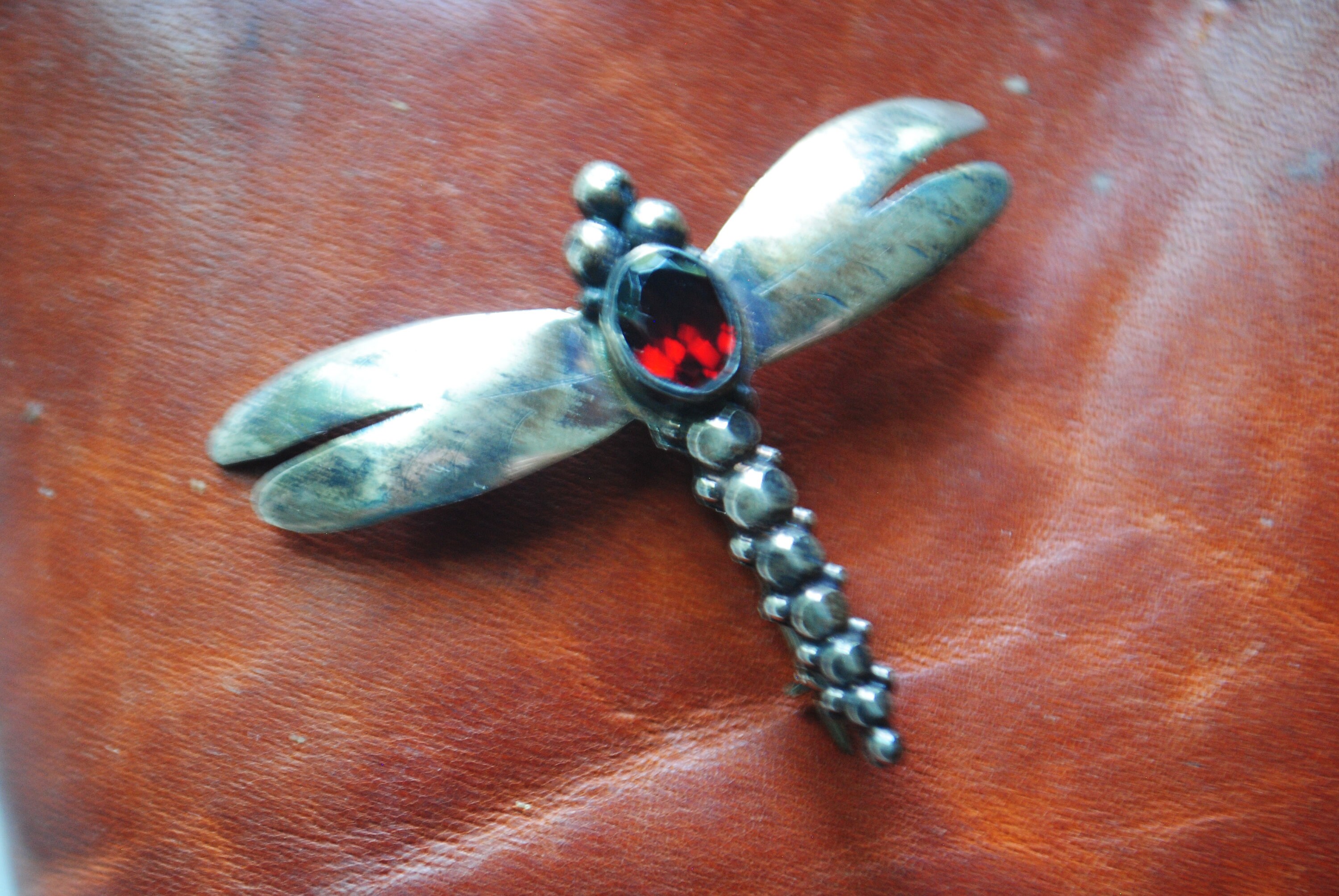 Boho Vintage 1970, Sterling Silver 925 Dragonfly Brooch With