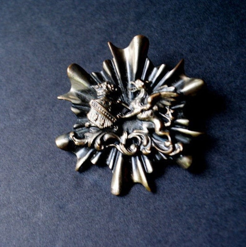 bronze Vintage 70s coat off arm pin. shield brooch griffin