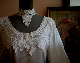 Victorian style vintage  1990 , off white  glossy polyester blouse , french, irish lace, tulle yoke. By Sonya Ratay for San Andre. Size10.