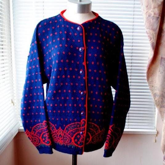 Cardigan Vintage Pendleton En Laine - Navy Et Rouge à Motifs - Taille M - Fabriqué Aux USA