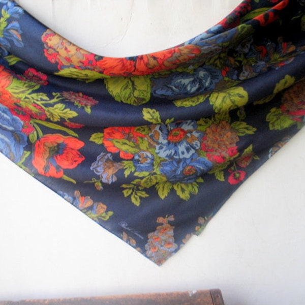 1990 vintage unique floral garden  silk  scarf with coral red  and  gray blue  flowers. By Ralph Lauren.