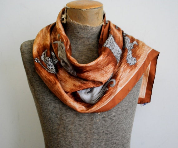 Exotic vintage 60s, brown silk, l0ng scarf with a… - image 4