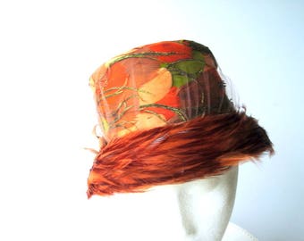 Glamour vintage 60s, multicolor, genuine feather, cloche style, sturdy hat. Made by Juli-Kay. Size20 ( small)