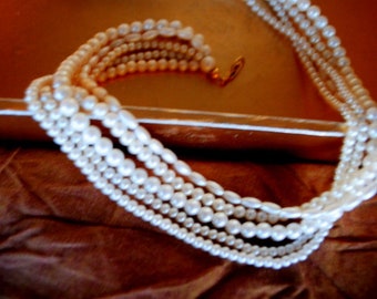 Wedding vintage 80s, white faux pearl, five twisted strands , collar, choker necklace.