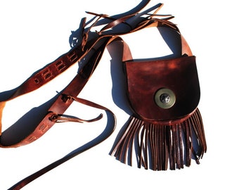 Vintage 1970 Hand Tooled Leather Crossbody Bag, Western Cowboy Tassel