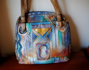 1990  vintage ,  soft genuine  leather , hand painted  handbag with soft multicolor   Southwestern style  motive. Made by Anyschka.