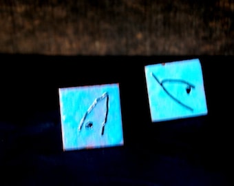 Modernist vintage 60s, square shape teal blue, enameled copper with a black abstract letter V and dot,screw back , hand made earrings.