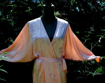 Oriental style, vintage 80s, deep peach , shiny polyester, wrapped, maxi robe with exotic flowers embroidery. Made by Au courant . Size M