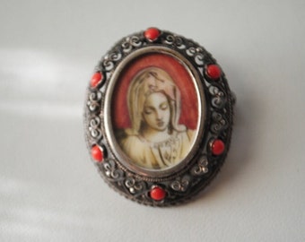 1900 vintage , sterling silver 800, cameo brooch-pendant  with hand painted portrait  of Madonna,  dome filigree  frame, red coral beads.