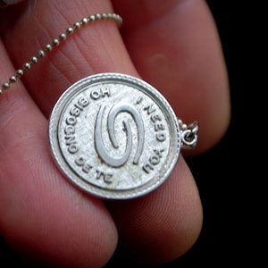 Minimalist  vintage 1980, sterling silver  round , symbol  pendant -medallion with a monogram &quot; I need you&quot;.