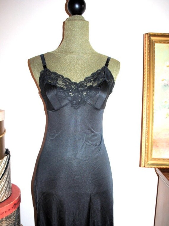 Classy vintage 60s black nylon slip dress with a … - image 3