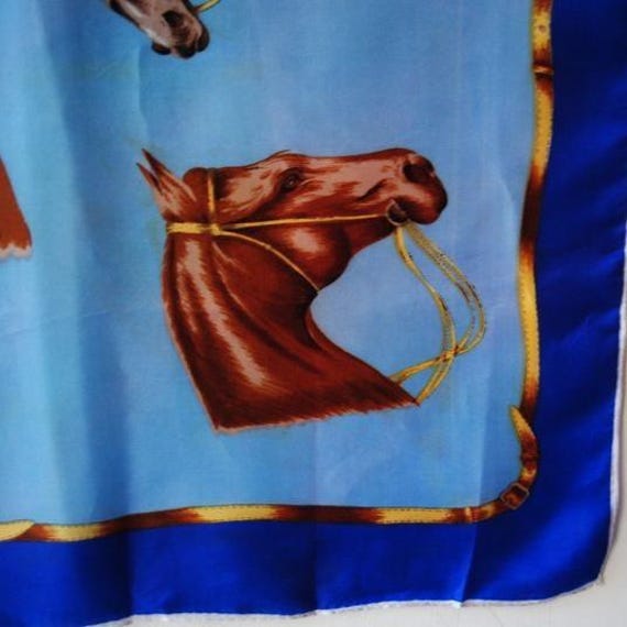 1960 blue acetate/ satin    scarf  with brown  horses heads  images, made by Exclusive  Design. View 6