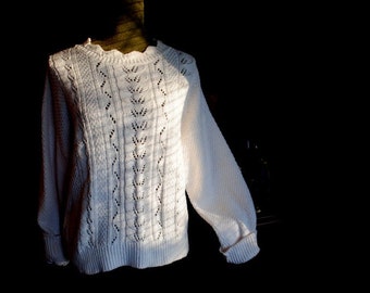 Stylish vintage  1980, white cotton   popcorn, cable knit, slouch,  box shape  sweater. By British Vogue. Size Large-X Large.