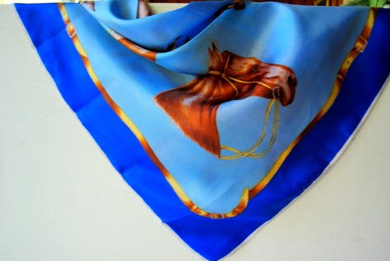 1960 blue acetate/ satin    scarf  with brown  horses heads  images, made by Exclusive  Design. View 4