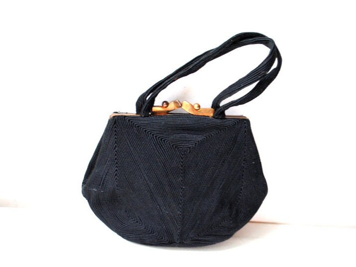 Art Deco Vintage 1940, Black, Genuine Cordi , Small Handbag With