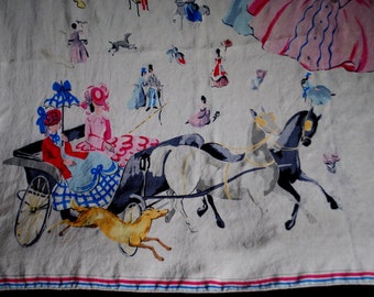 1930 vintage wearable art , hand printed silk scarf with multicolor   Victorian,  equestrian ,beautiful   scene.