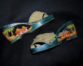 1940 vintage , WWII, hand carved wooden wedge, souvenir  sandals "Bakya" , traditional clogs  from Philippines, Size 7.