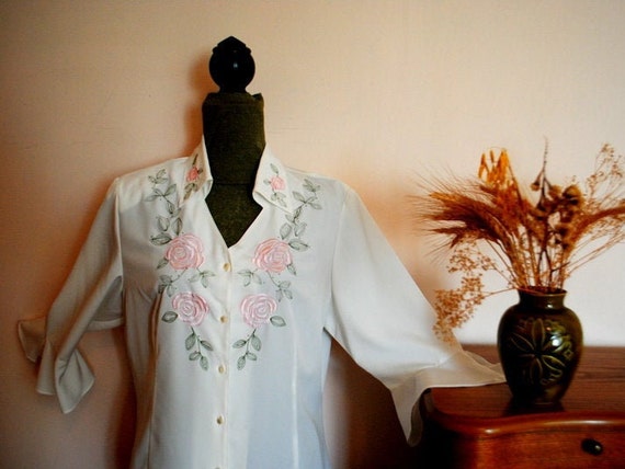 Boho vintage 80s white silky polyester blouse wit… - image 7