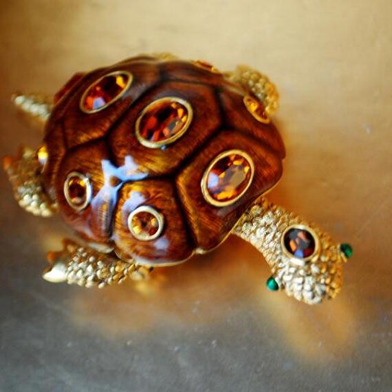Broche Vintage Tortue Or - Lot De 2 (Grande Et Petite) Aux Yeux Verts