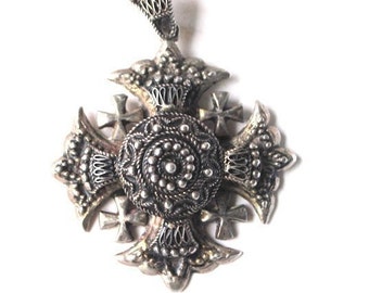 1930  vintage art nouveau  sterling silver 950, hand made, oversize, crusade, filigree, three layers, Jerusalem cross.