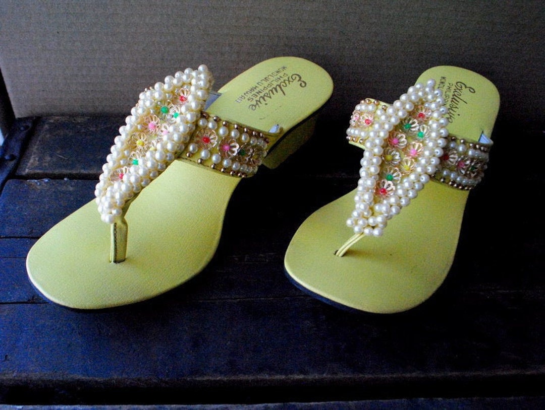 Wearable Art Vintage 70s Yellow Leather Jeweled Slingback - Etsy