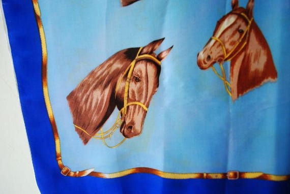 1960 blue acetate/ satin    scarf  with brown  horses heads  images, made by Exclusive  Design. View 3
