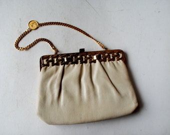 Mod  vintage 1960 , pastel beige genuine leather  small bag- clutch  with old tone metal ornate frame and chunky chain handle.