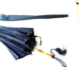 1950  vintage , black , silky nylon unisex umbrella  with  tassel,  combine material handle : wood and black marbled  lucite, original case