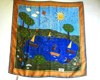 Cute vintage 1980s, all silk tout soie  , multi color scarf" Save the children"  .Made by Vera in Japan.Mint condition.