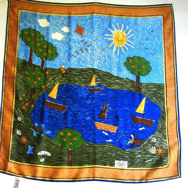 Cute vintage 1980s, all silk tout soie  , multi color scarf" Save the children"  .Made by Vera in Japan.Mint condition.