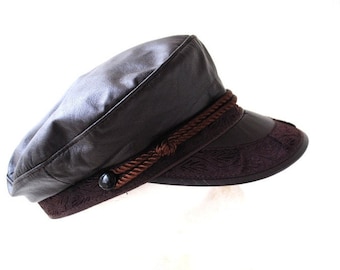 1990 vintage , dark chocolate brown genuine  leather  Greek Fishermen hat- cap, brocade   band, rope  trim. Size X-Large, made in USA.