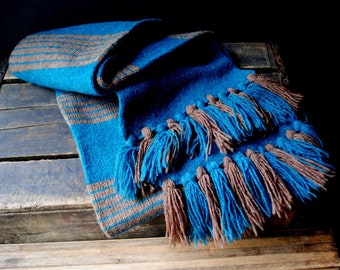 Rare  vintage 1960,  teal  green , brown stripes, shetland wool,  long , double  , the Wenchman  scarf with a tassels.  By Himalaya.