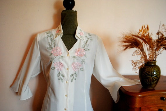 Boho vintage 80s white silky polyester blouse wit… - image 3