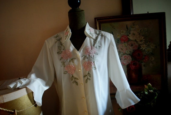 Boho vintage 80s white silky polyester blouse wit… - image 5