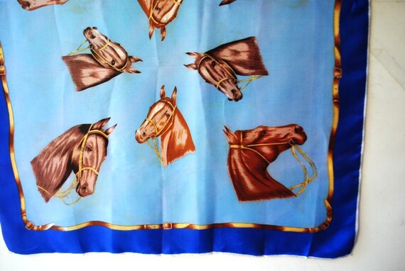 1960 blue acetate/ satin    scarf  with brown  horses heads  images, made by Exclusive  Design. View 5