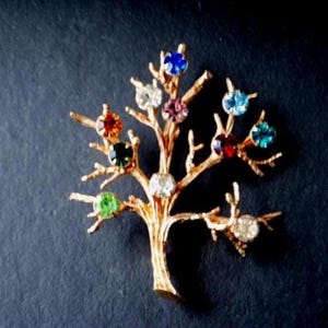 May include: A gold-toned tree brooch with colourful rhinestones. The tree has a thick trunk and many branches with a variety of coloured stones, including red, green, blue, purple, and clear.