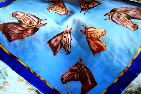 1960 blue acetate/ satin    scarf  with brown  horses heads  images, made by Exclusive  Design. View 2