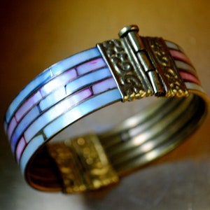 1970  vintage Victorian style , layered , hinge bronze   bangle  bracelet with  pastel color  mother pearl  abalone shell mosaic  inlay.