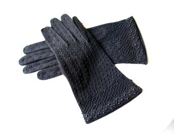 Classy vintage 60s, black , double woven cotton ,formal , hand stitched gloves with a black seed beads  embroidery. Size 6.