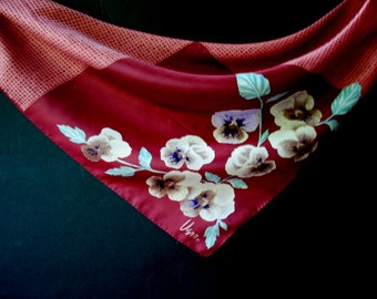 1960 vintage  , terracotta  silk  blend scarf with a delicate pastel color  pansies print. Made by Vera in Japan.