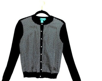 Luxurious vintage 90s, black, silk blend, bomber style sweater cardigan with a tiny white  polka dots front.  By Ralph Lauren. Size Small.